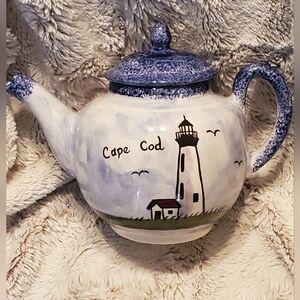 Tea Pot Cape Cod Lighthouse Hand Painted Pottery USA Nola Watkins Collection